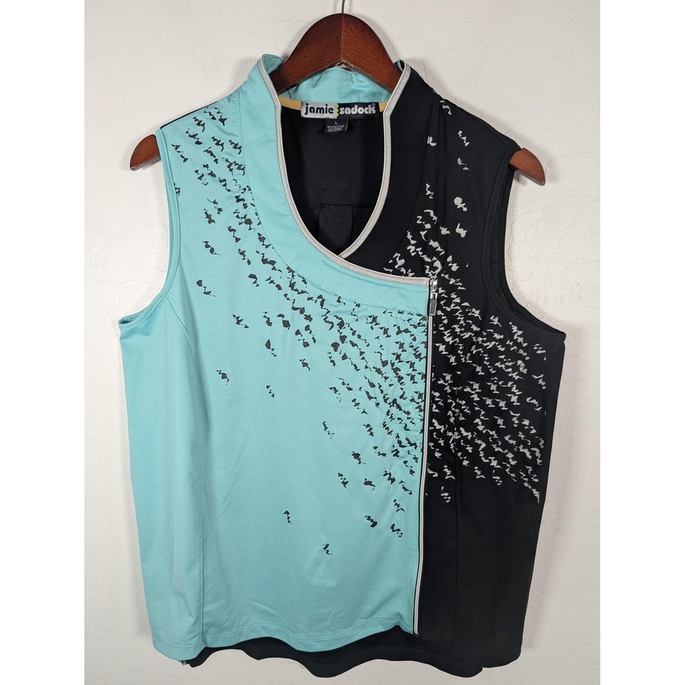 Jamie Sadock Shirt Womens Large Black Aqua Sleeveless Golf Mock Neck Zip Stretch